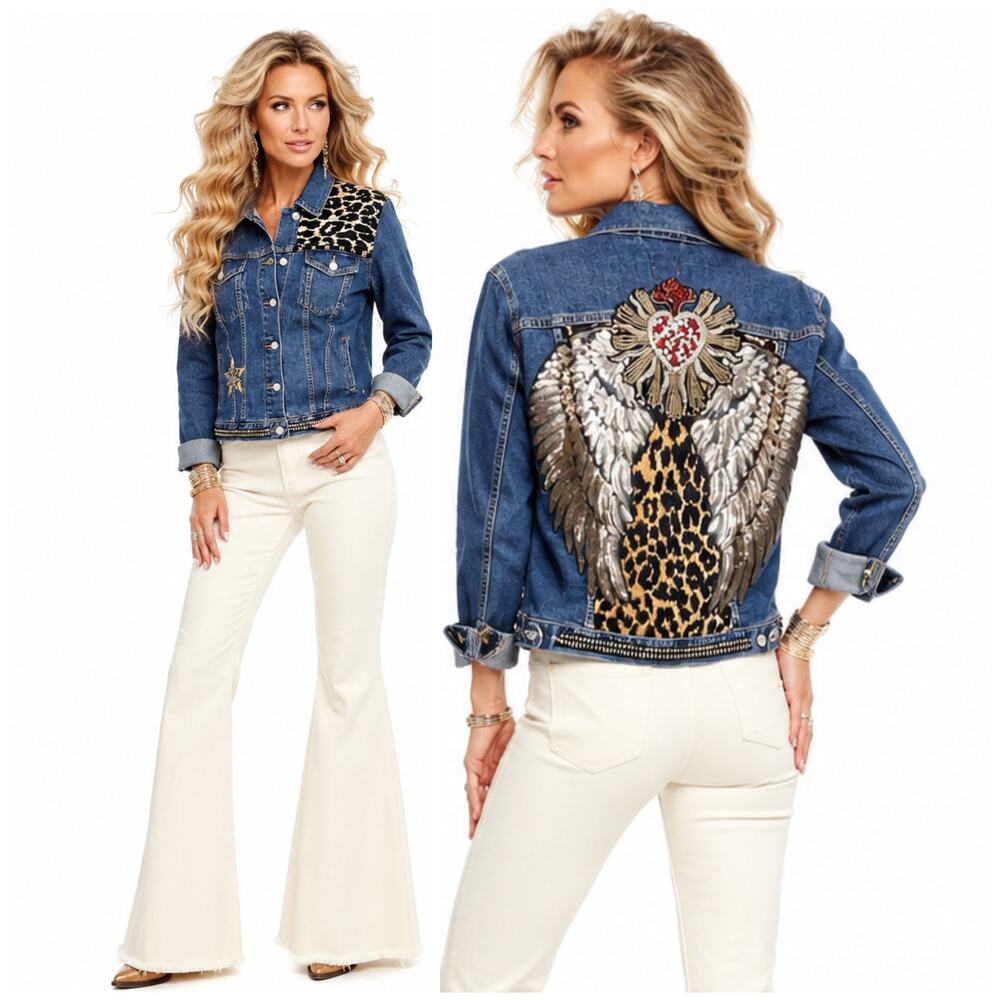 Gap | Leopard Heart Reworked Rhinestone Embellished Wing Denim Blue Jean Jacket